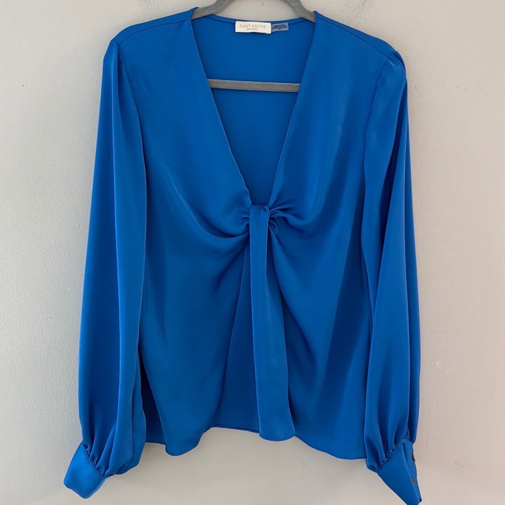 Ramy Brook Cobalt Blue Twist Front V-Neck Satin Blouse Long Sleeve Top Sz L